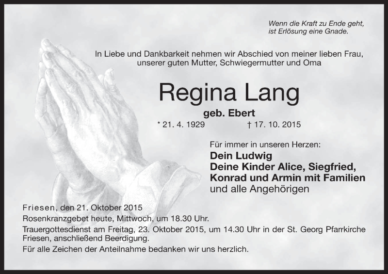  Traueranzeige für Regina Lang vom 21.10.2015 aus MGO