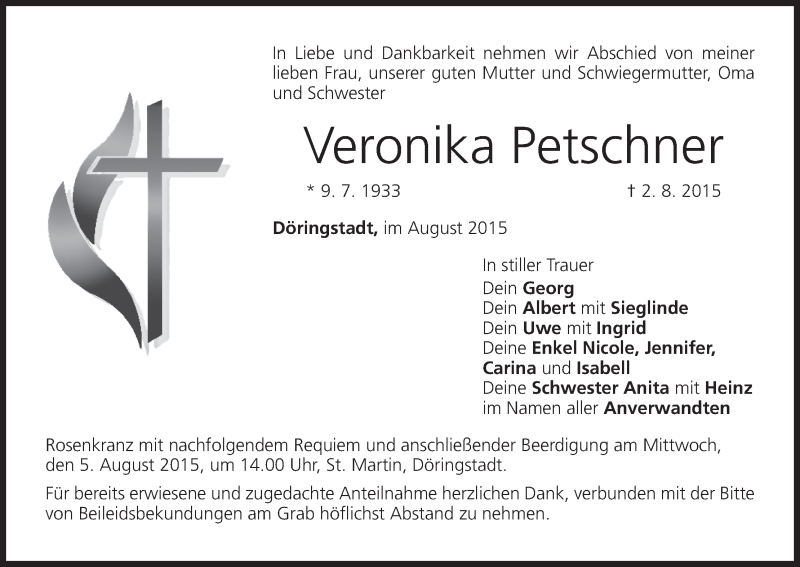  Traueranzeige für Veronika Petschner vom 04.08.2015 aus MGO