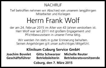 Anzeige von Frank Wolf von MGO