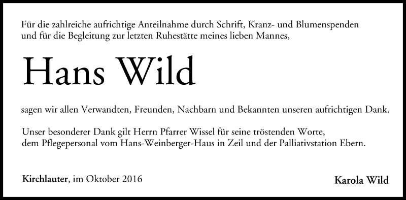  Traueranzeige für Hans Wild vom 17.10.2015 aus MGO