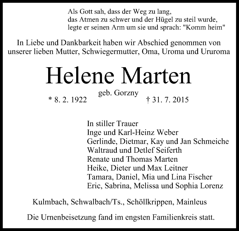  Traueranzeige für Helene Marten vom 29.08.2015 aus MGO