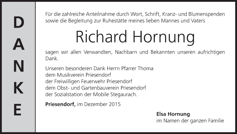  Traueranzeige für Richard Hornung vom 12.12.2015 aus MGO