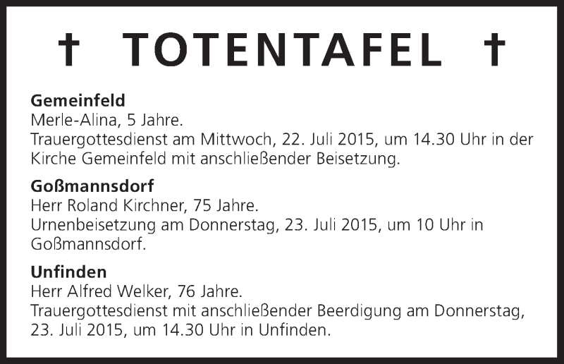  Traueranzeige für Merle-Alina  vom 22.07.2015 aus MGO