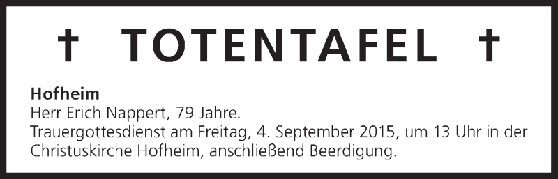  Traueranzeige für Totentafel vom 04.09.2015 vom 04.09.2015 aus MGO