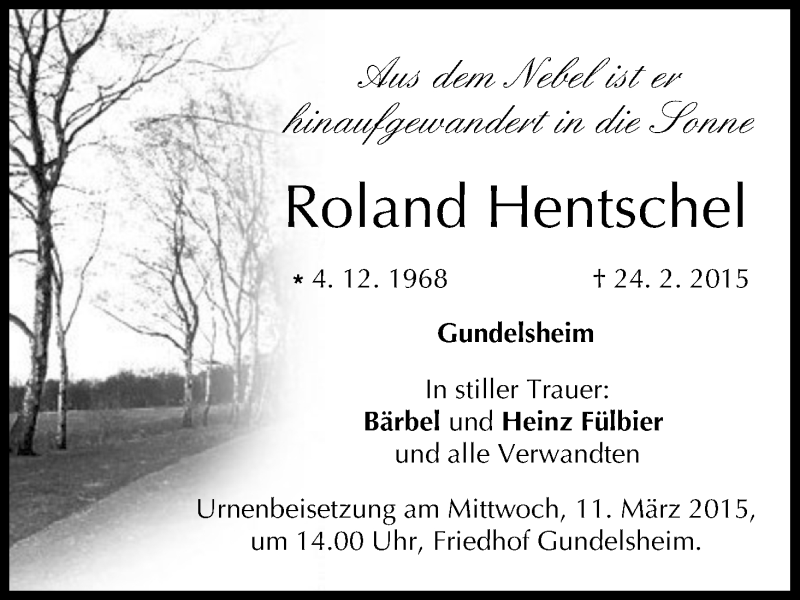  Traueranzeige für Roland Hentschel vom 07.03.2015 aus MGO