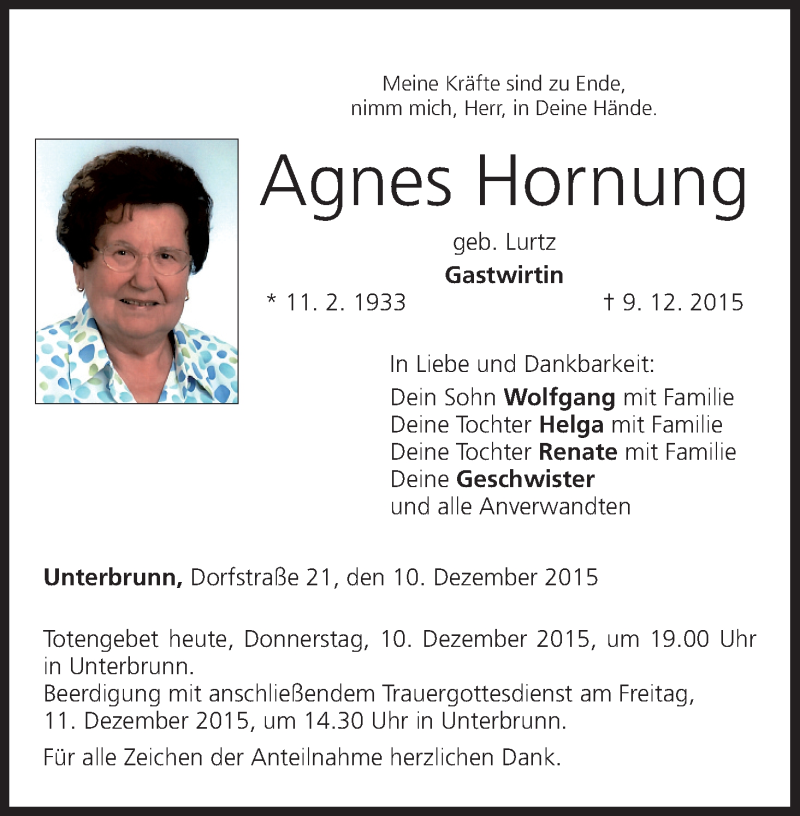  Traueranzeige für Agnes Hornung vom 10.12.2015 aus MGO