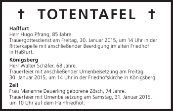 Anzeige von Totentafel vom 29.01.2015 von MGO