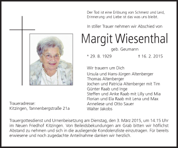 Anzeige von Margit Wiesenthal von MGO