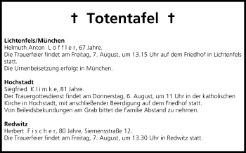 Anzeige von Totentafel vom 06.08.2015 von MGO