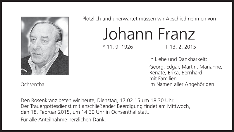  Traueranzeige für Johann Franz vom 17.02.2015 aus MGO