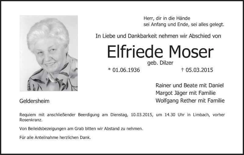  Traueranzeige für Elfriede Moser vom 07.03.2015 aus MGO
