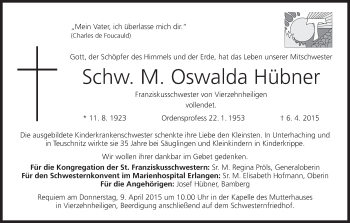Anzeige von Oswalda Hübner von MGO
