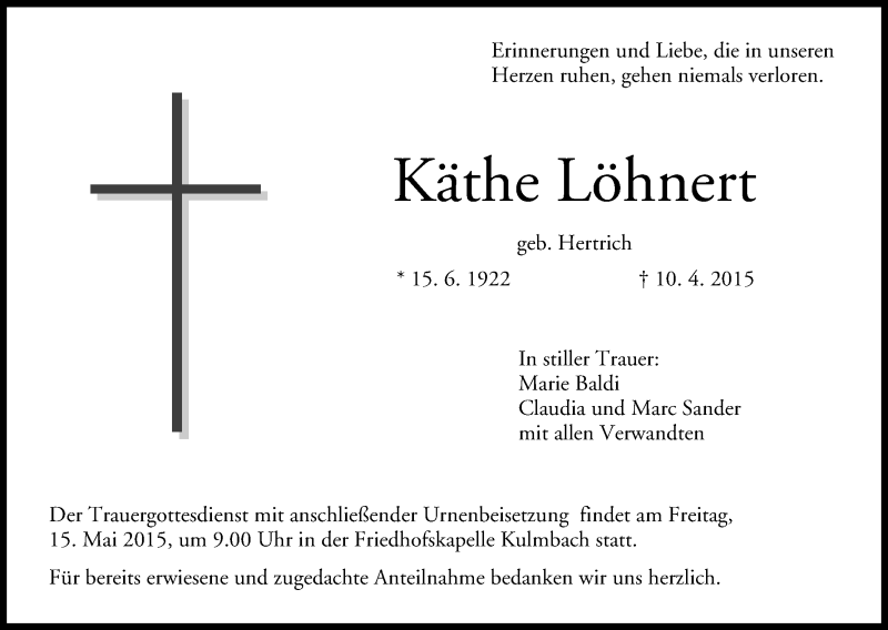  Traueranzeige für Käthe Löhnert vom 12.05.2015 aus MGO