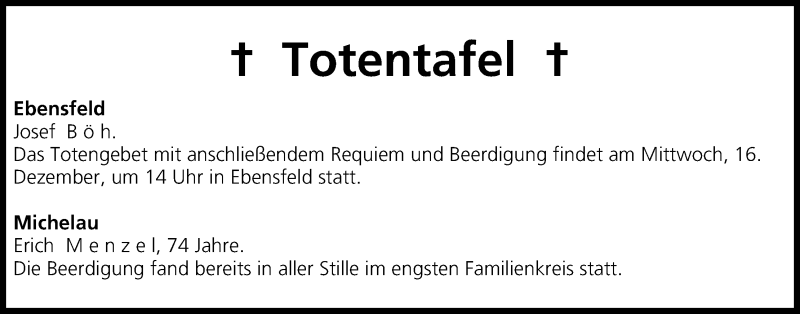  Traueranzeige für Totentafel vom 16.12.2015 vom 16.12.2015 aus MGO