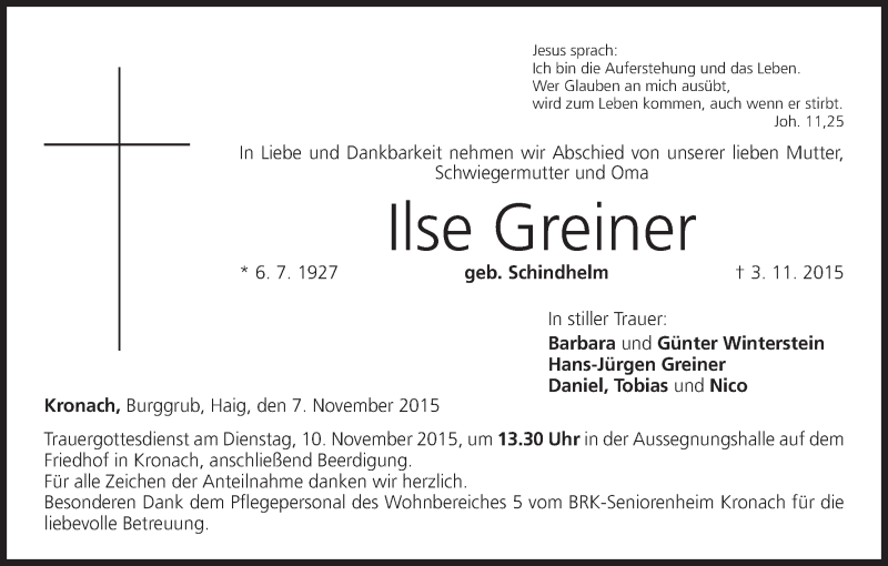  Traueranzeige für Ilse Greiner vom 07.11.2015 aus MGO