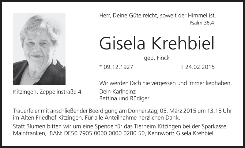  Traueranzeige für Gisela Krehbiel vom 28.02.2015 aus MGO