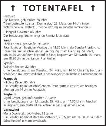 Anzeige von Totentafel vom 23.03.2015 von MGO