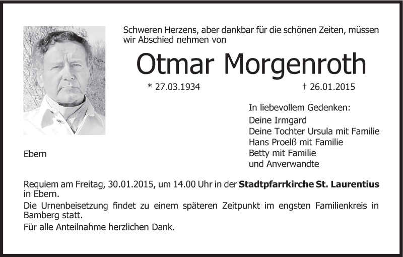  Traueranzeige für Otmar Morgenroth vom 28.01.2015 aus MGO
