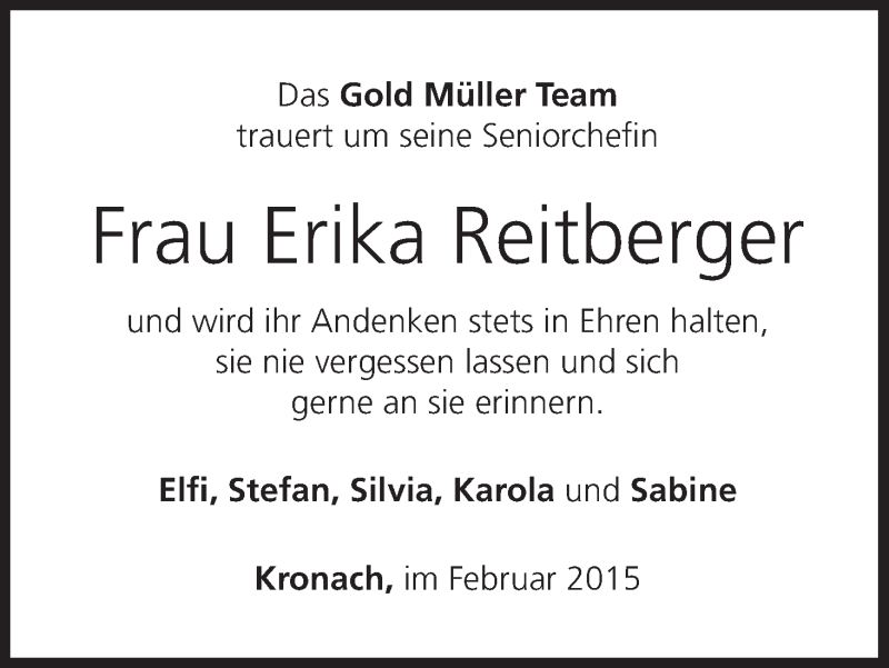  Traueranzeige für Erika Reitberger vom 06.02.2015 aus MGO