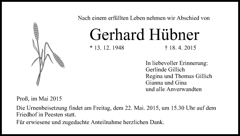  Traueranzeige für Gerhard Hübner vom 20.05.2015 aus MGO