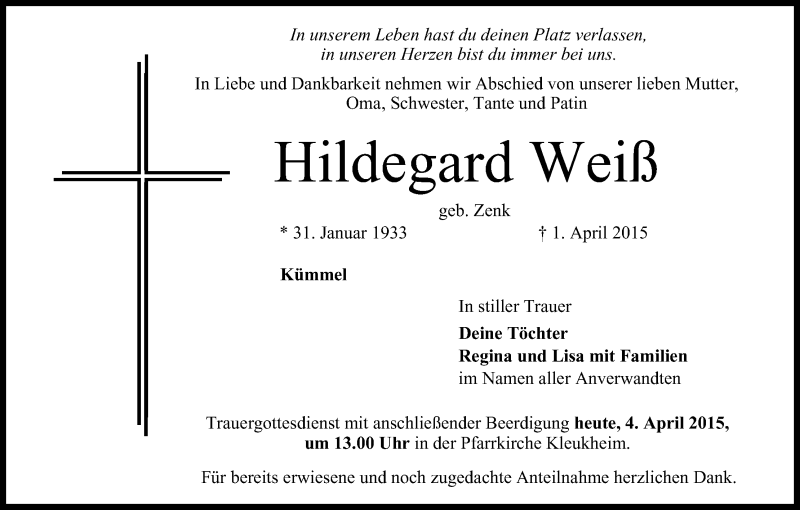  Traueranzeige für Hildegard Weiß vom 04.04.2015 aus MGO