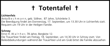 Anzeige von Totentafel vom 16.09.2015 von MGO