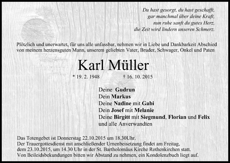  Traueranzeige für Karl Müller vom 20.10.2015 aus MGO