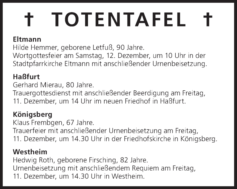  Traueranzeige für Totentafel vom 11.12.2015 vom 11.12.2015 aus MGO