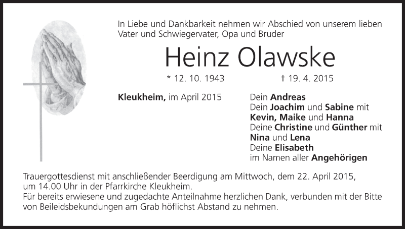  Traueranzeige für Heinz Olawske vom 21.04.2015 aus MGO