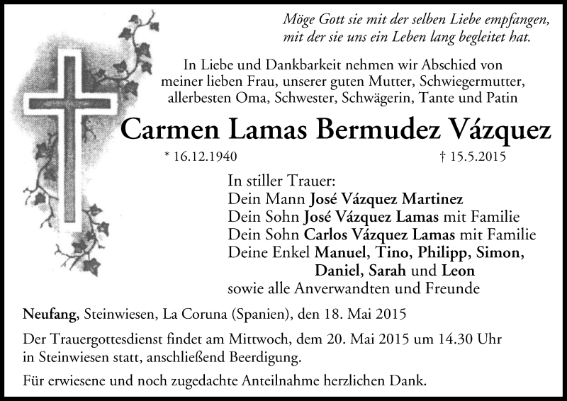  Traueranzeige für Carmen  Lamas Bermudez Väzquez vom 18.05.2015 aus MGO