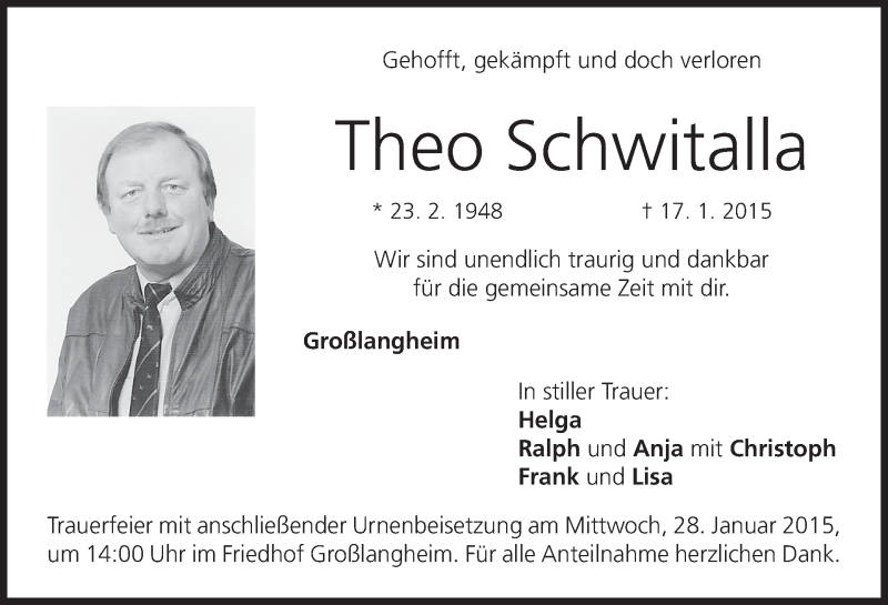  Traueranzeige für Theo Schwitalla vom 24.01.2015 aus MGO