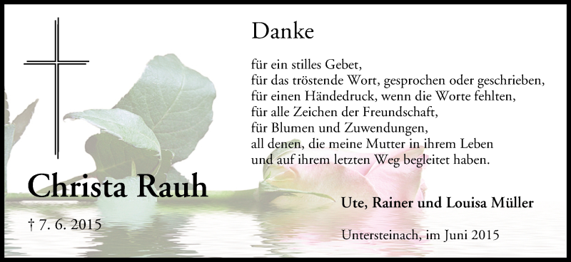  Traueranzeige für Christa Rauh vom 22.06.2015 aus MGO