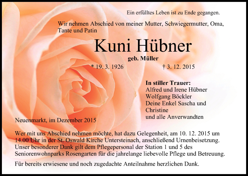  Traueranzeige für Kuni Hübner vom 08.12.2015 aus MGO