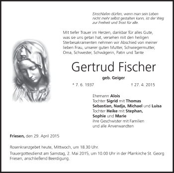 Anzeige von Gertrud Fischer von MGO