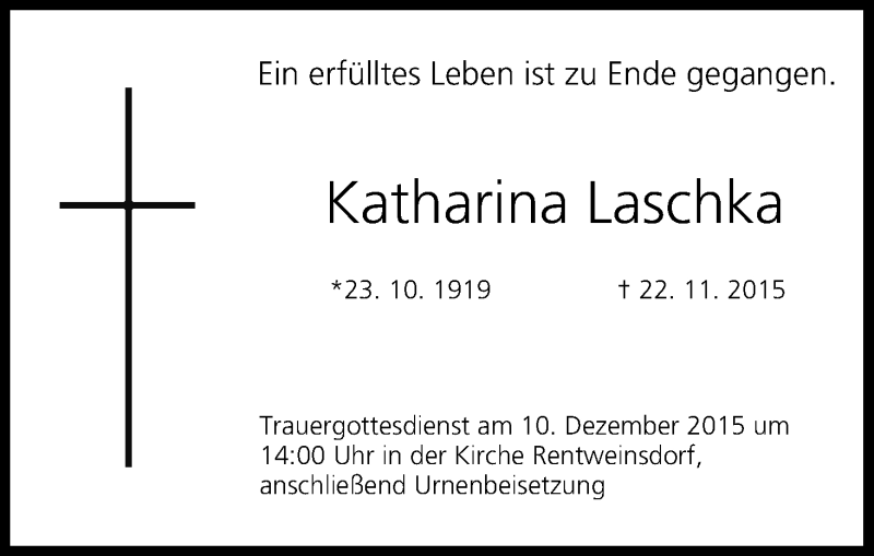  Traueranzeige für Katharina Laschka vom 08.12.2015 aus MGO