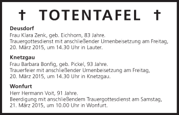 Anzeige von Totentafel vom 19.03.2015 von MGO