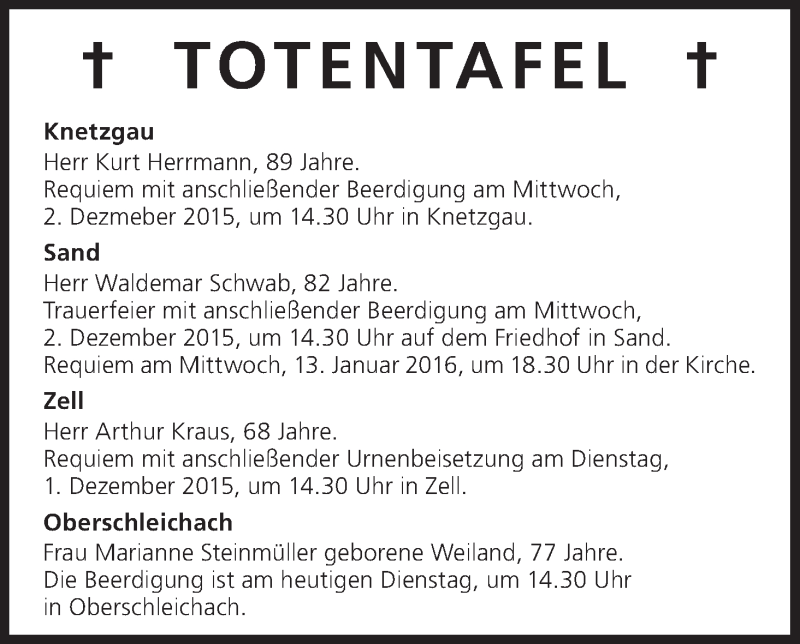  Traueranzeige für Totentafel vom 01.12.2015 vom 01.12.2015 aus MGO
