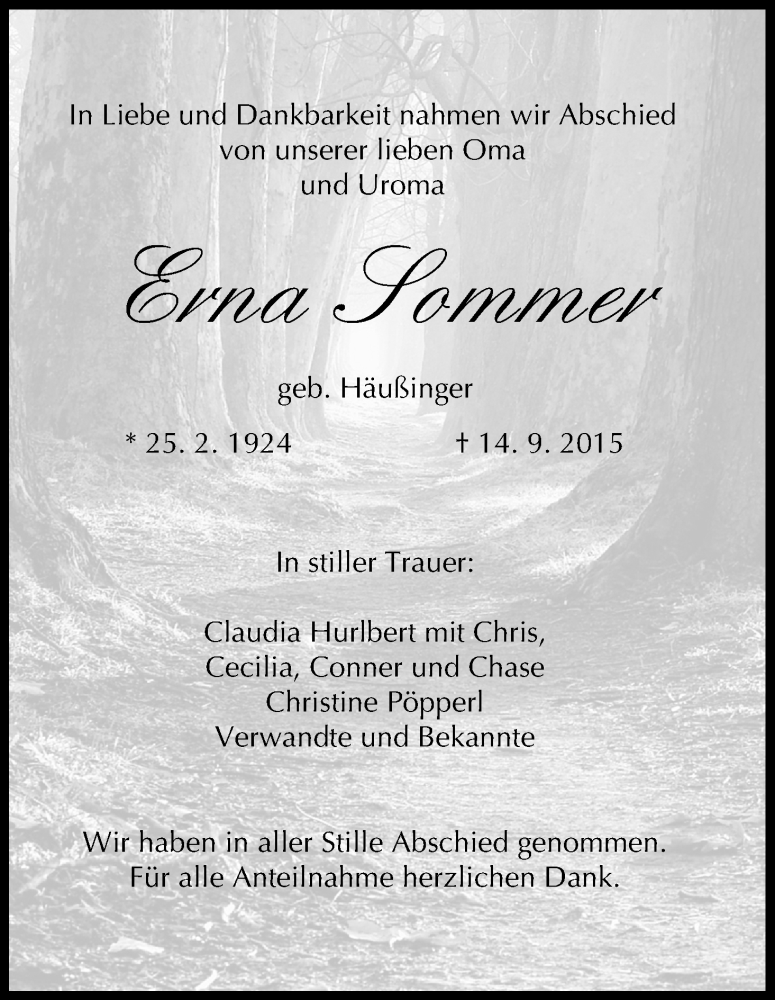  Traueranzeige für Erna Sommer vom 19.09.2015 aus MGO