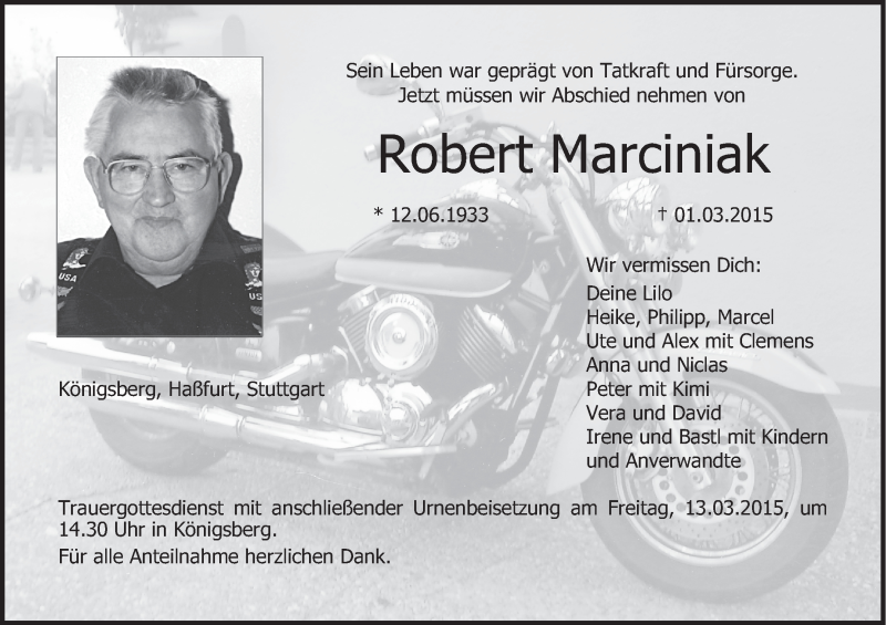  Traueranzeige für Robert Marciniak vom 10.03.2015 aus MGO