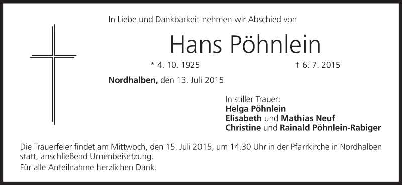  Traueranzeige für Hans Pöhnlein vom 13.07.2015 aus MGO