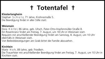 Anzeige von Totentafel vom 07.08.2015 von MGO
