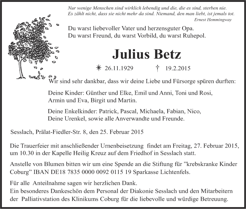  Traueranzeige für Julius Betz vom 25.02.2015 aus MGO