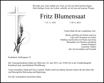 Anzeige von Fritz Blumensaat von MGO