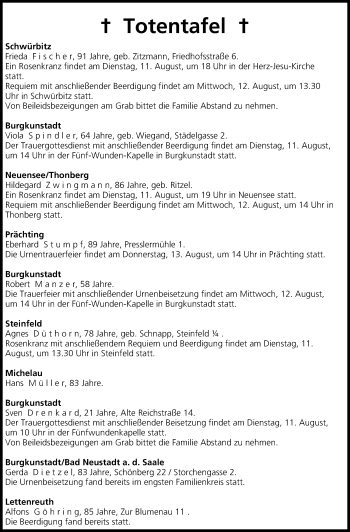 Anzeige von Totentafel vom 11.08.2015 von MGO
