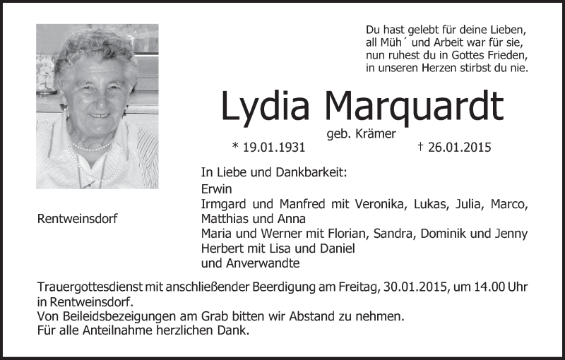  Traueranzeige für Lydia Marquardt vom 28.01.2015 aus MGO