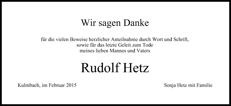  Traueranzeige für Rudolf Hetz vom 14.02.2015 aus MGO