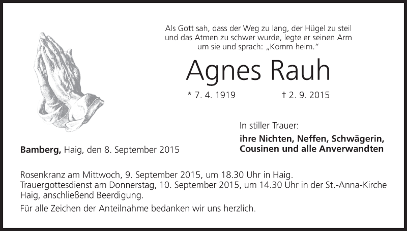  Traueranzeige für Agnes Rauh vom 08.09.2015 aus MGO