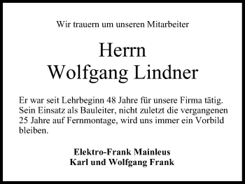 Anzeige von Wolfgang Lindner von MGO