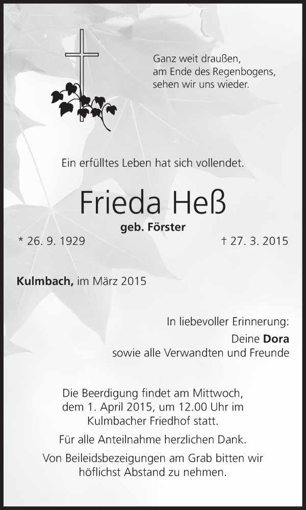  Traueranzeige für Frieda Heeß vom 30.03.2015 aus MGO
