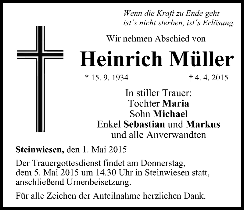  Traueranzeige für Heinrich Müller vom 01.05.2015 aus MGO
